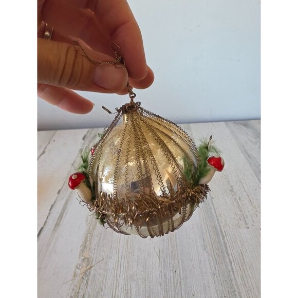 Antique mushroom glass tinsel ornament german RARE flocked ball Xmas tree - Picture 5 of 6